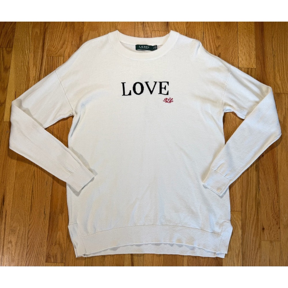 Lauren Ralph Lauren Love Graphic Knit Sweater Cream White RLL Monogram Medium